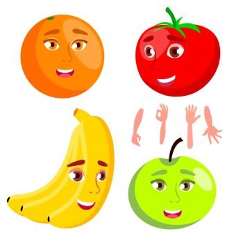 Smiling Orange, Tomato, Apple, Banana, Healthy Eating Concept Vector Isolated Illustration. Smiling Orange, Tomato, Apple, Banana, Healthy Eating Concept Vector. Isolated Cartoon Illustration