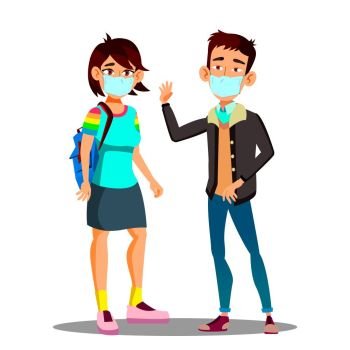 Asian Teen Girl, Boy Wearing A Face Mask In The City Coughing Vector. Isolated Illustration. Asian Teen Girl, Boy Wearing A Face Mask In The City Coughing Vector. Isolated Cartoon Illustration