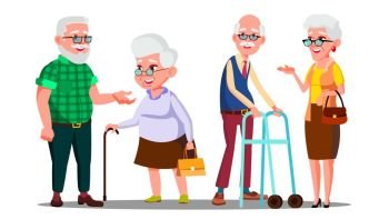 Old People Man, Woman Standing, Walking With Stick Vector. Senior Cartoon Person Set Vector. Isolated Illustration. Old People Man, Woman Standing, Walking With Stick Vector. Senior Cartoon Person Set Vector. Isolated Cartoon Illustration