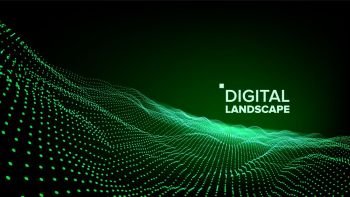Digital Landscape Vector. Data Technology. Wave Mountain. Tech Surface. Dot Land. Geometric Data. 3D Illustration. Abstract Landscape Vector. Particle Wireframe. Big Flow. Cyber Concept. Futuristic Graphic. Relief Structure. 3D Illustration