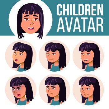 Asian Girl Avatar Set Vector. High School. Face Emotions. Expression, Positive Person. Beauty, Lifestyle Head Illustration. Asian Girl Avatar Set Vector. High School. Face Emotions. Expression, Positive Person. Beauty, Lifestyle. Cartoon Head Illustration