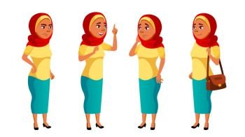 Arab, Muslim Teen Girl Poses Set Vector. Beauty, Lifestyle. For Web, Poster, Booklet Design Cartoon Illustration. Arab, Muslim Teen Girl Poses Set Vector. Beauty, Lifestyle. For Web, Poster, Booklet Design. Isolated Cartoon Illustration