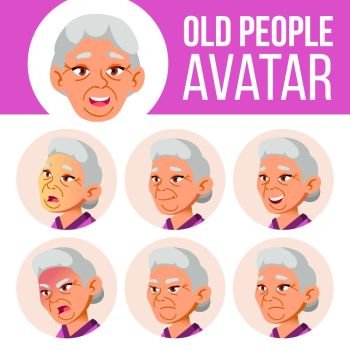 Asian Old Woman Avatar Set Vector. Face Emotions. Senior Person Portrait. Elderly People. Aged. Emotions, Emotional. Casual. Head Illustration. Asian Old Woman Avatar Set Vector. Face Emotions. Senior Person Portrait. Elderly People. Aged. Emotions, Emotional. Casual. Cartoon Head Illustration