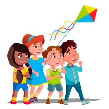 Multinational Children Flying Multi-Colored Kite Into The Sky Vector. Illustration. Multinational Children Flying Multi-Colored Kite Into The Sky Vector. Isolated Illustration
