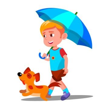 Little Boy Walking A Dog Under Umbrella In The Rain Vector. Illustration. Little Boy Walking A Dog Under Umbrella In The Rain Vector. Isolated Illustration