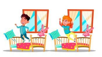Children Waking Up Vector Cartoon Characters Set. Cheerful Kids Waking Up In Early Morning Isolated Cliparts Pack. Happy Boy And Girl Jumping On Beds. Siblings Room. Awakening Flat Illustration. Children Waking Up Vector Cartoon Characters Set