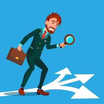 Detective Investigating, Searching Clues Cartoon Vector Character. Man Finding Clues At Crime Scene. Guy Holding Magnifying Glass, Briefcase Drawing. Businessman Choosing Path, Road Flat Illustration. Detective Investigating, Searching Clues Cartoon Vector Character
