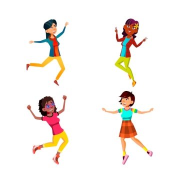 Jumping Teen Girls Celebrating Success Set Vector. Jumping Teen Girls Celebrate Successful Achievement Or Enjoying On Festival Party. Characters Good Mood Flat Cartoon Illustrations. Jumping Teen Girls Celebrating Success Set Vector