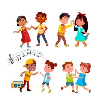 Boy And Girl Children Dancing Together Set Vector. Happiness Multiracial Kids Couple Dancing Rhythmic Dance. Characters Schoolboys And Schoolgirls Enjoying Flat Cartoon Illustrations. Boy And Girl Children Dancing Together Set Vector