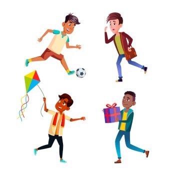 Boys Teenagers Running Sport Activity Set Vector. Teens Playing Soccer Game And Play With Kite, Running With Present On Birthday And Late To School. Characters Flat Cartoon Illustrations. Boys Teenagers Running Sport Activity Set Vector