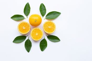 Fresh orange citrus fruit with green leaves isolated on white wooden background.  Top view