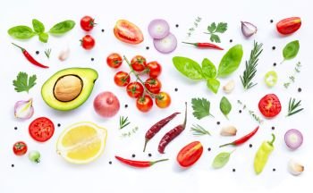 Various fresh vegetables and herbs on white background. Healthy eating concept. 