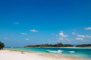 Very beautiful tropical sea with white sand beach crystal clear turquoise water at Kabira Bay, Ishigaki island, Okinawa, Japan.