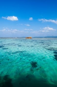 Very beautiful tropical sea crystal clear turquoise water and coral reef at Kabira Bay, Ishigaki island, Okinawa, Japan.