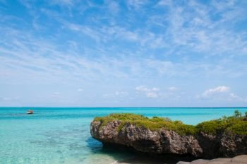 Very beautiful tropical sea crystal clear turquoise water and rock at Ikema bridge, Miyako island, Okinawa, Japan.