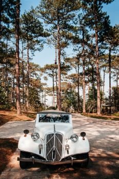 FEB 26, 2014 Dalat, Vietnam - Warm atmosphere and light through pine tree with white vintage luxury classic convertible car at colonial villa