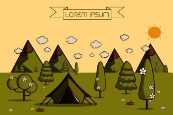 nature landscape. morning landscape in the mountains. solitude in nature by the mountain. weekend in the tent. hiking and camping. vector flat illustration