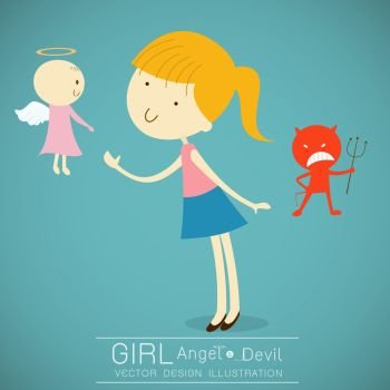 Girl with cute angel and red devil vector illustration