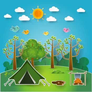 summer landscape. Morning landscape in the forest. Solitude in nature by the river. Weekend in the tent. Hiking and camping. pop up paper cut illustration