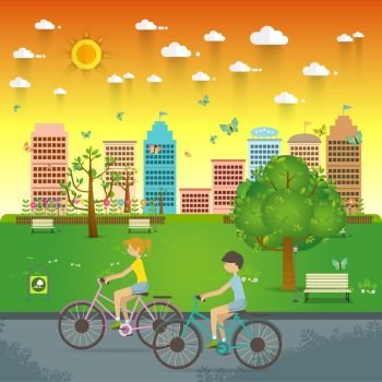 Couple Riding Bicycles In Public Park. Natural landscape in the flat style. a beautiful park.Environmentally friendly natural landscape.Vector illustration