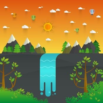 Landscape illustration. Mountain river, waterfall, mountains, hills, and clouds. Flat design vector