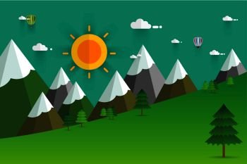 Sunshine morning in the mountains. Summer or spring landscape, vector background. Green meadows, pine forest, mountains and sun on blue sky. Flat style illustration of nature.
