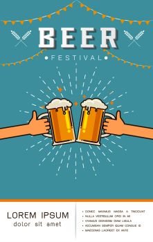 Beer festival, party event vertical poster. Two hands holding the beer  beer glass. Vector illustration in cute cartoon flat style