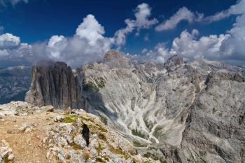 Dolomiti - Overview of Catinaccio group from Roda di Vael peak, Trentino, Italy. Rosengarten - Catinaccio group