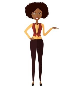  African american woman presenting something cartoon vector illustration. Isolated on a white background.