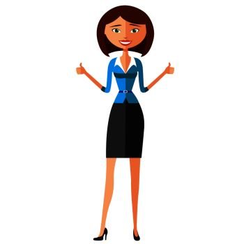 Happy young businesswoman showing thumbs up vector flat cartoon illustration