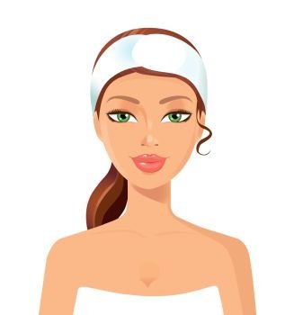 Beautiful young woman perfect face with towel. Skin beauty spa skincare concept.