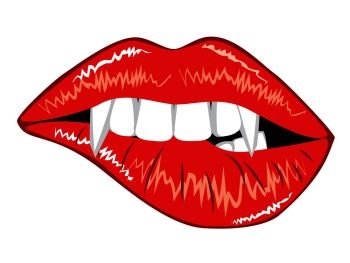 Red smiling vampire lips with fangs on white background.