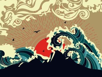 Stylized big waves of ocean or sea at sunset landscape, art poster design.