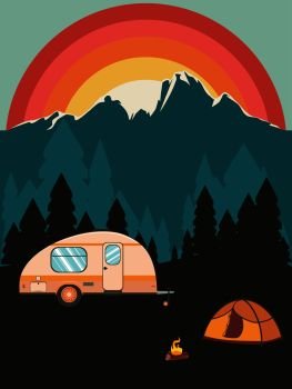 Forest near big mountain over sunset sky, summer camping themed illustration.