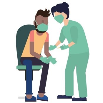 Cartoon nurse and man wearing a face mask getting vaccination shot injection.
