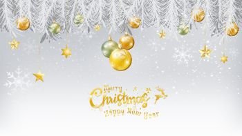 Merry Christmas and Happy New Year typography decoration with jade and golden Xmas balls with Christmas white fir branches and ornaments star hanging in gold.