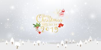 Let’s it snow! Merry Christmas and Happy New Year 2019 illustration calligraphic and Xmas ornaments with winter snow, snowflakes background. Vector illustration.