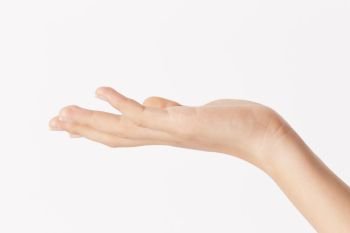 Woman hand showing on white background