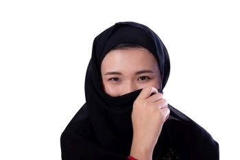 beautiful mysterious asian young woman wearing scarf close up isolated on white background.