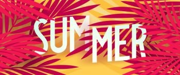 Tropical Summer banner with palm leaves and lettering. Creative isometric typography. Vector template. Tropical Summer background