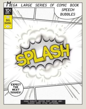 Splash. Explosion in comic style with lettering and realistic puffs smoke. 3D vector pop art speech bubble. Series comics speech bubble