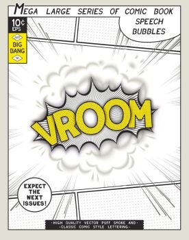 Vroom. Explosion in comic style with lettering and realistic puffs smoke. 3D vector pop art speech bubble. Series comics speech bubble
