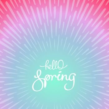 Hello Spring. Retro hand lettering label. Trendy doodle sunbeams backdrop. Vector design elements.. Hello Spring