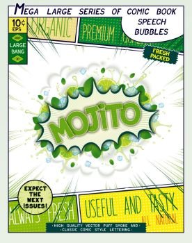 Mojito. Colorful explosion with mint leaves, ice, water splashes and clouds of smoke in comic style.
 Realistic pop art speech bubble. Realistic bang with splashes and header