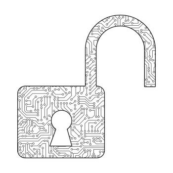 Safety lock icon for protecting password with circuit board pattern texture on white background in digital data code and security technology concept. Abstract illustration