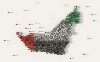 Large group of people forming United Arab Emirates map and national flag in social media and communication concept on white. 3d sign symbol of crowd illustration from above gathered together