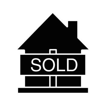Sold house glyph icon. Silhouette symbol. Real estate purchase. House with sold sign. Negative space. Vector isolated illustration. Sold house glyph icon