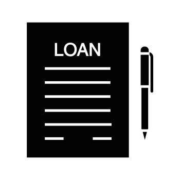 Loan agreement glyph icon. Contract silhouette symbol. Mortgage document with pen. Negative space. Vector isolated illustration. Loan agreement glyph icon