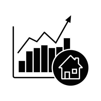 Real estate market growth chart glyph icon. Silhouette symbol. Houses price rise. Negative space. Vector isolated illustration. Real estate market growth chart glyph icon