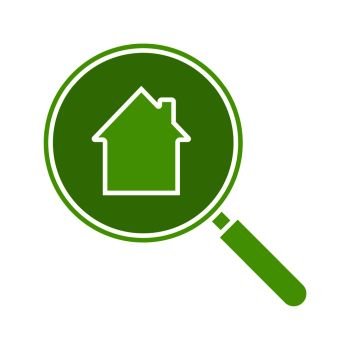Real estate search glyph color icon. Looking for apartment. House hunt. Magnifying glass with building inside. Silhouette symbol on white background. Negative space. Vector illustration. Real estate search glyph color icon